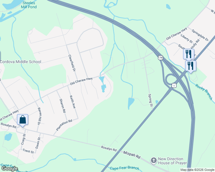 map of restaurants, bars, coffee shops, grocery stores, and more near 120 Winsor Drive in Rockingham