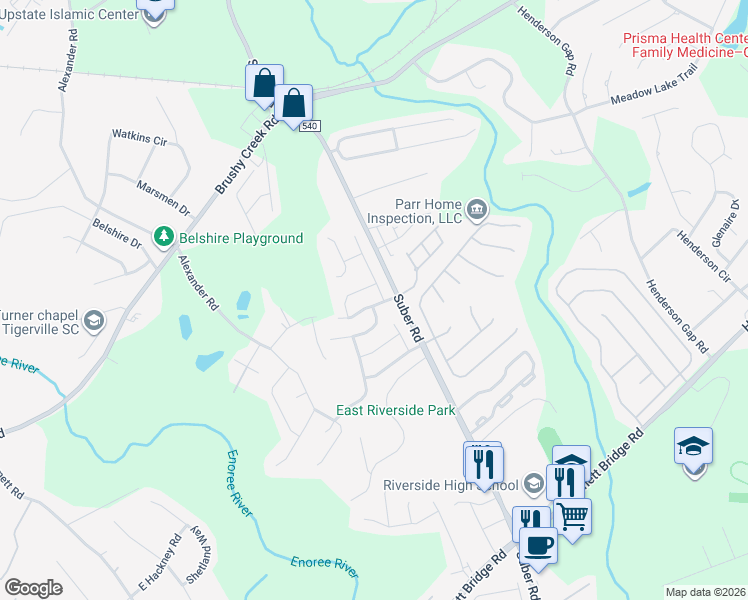 map of restaurants, bars, coffee shops, grocery stores, and more near 102 Keelin Lane in Greer