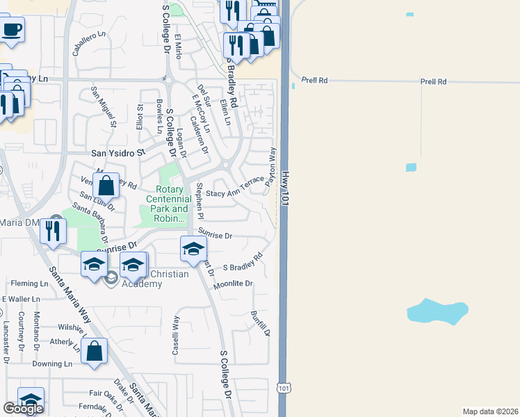 map of restaurants, bars, coffee shops, grocery stores, and more near 2742 Niverth Place in Santa Maria