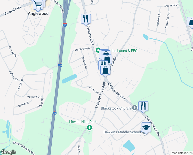 map of restaurants, bars, coffee shops, grocery stores, and more near 460 East Blackstock Road in Spartanburg