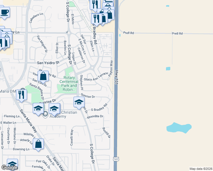map of restaurants, bars, coffee shops, grocery stores, and more near 2742 Niverth Place in Santa Maria