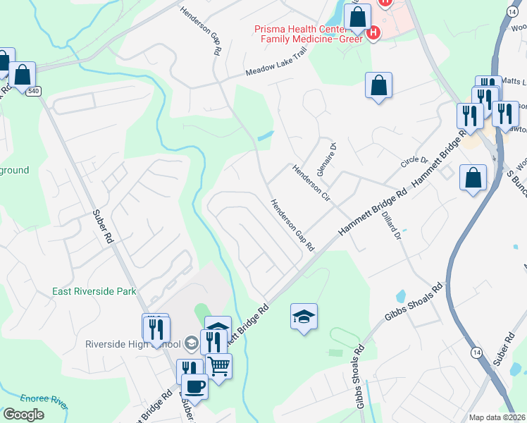 map of restaurants, bars, coffee shops, grocery stores, and more near 348 Riverside Chase Circle in Greer
