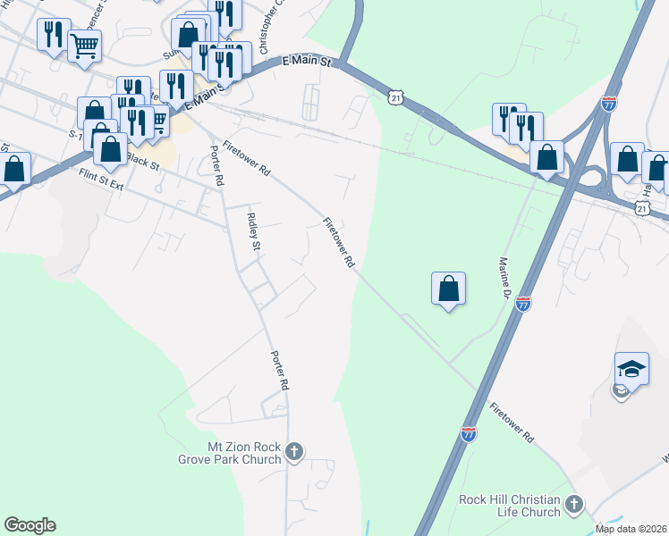 map of restaurants, bars, coffee shops, grocery stores, and more near 1690 Fire Tower Road in Rock Hill
