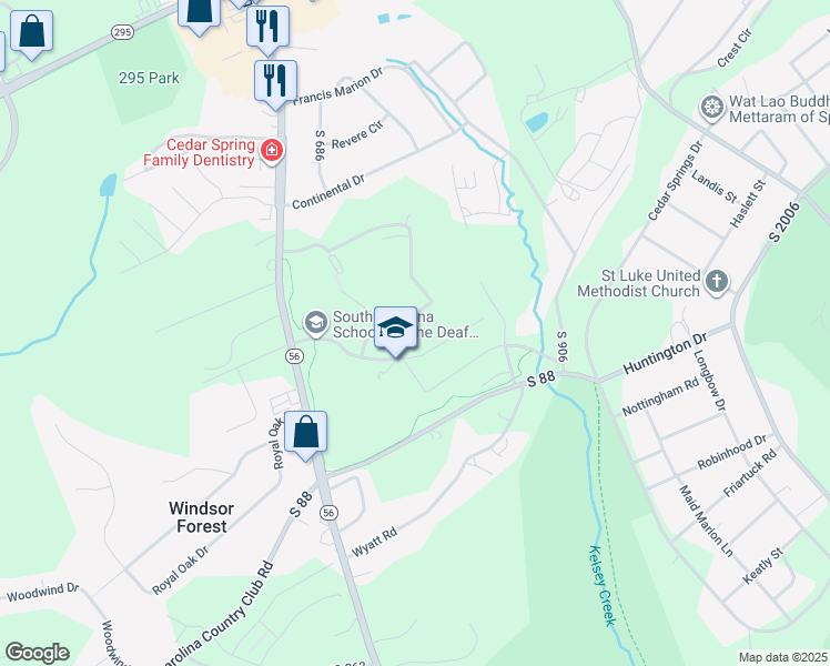 map of restaurants, bars, coffee shops, grocery stores, and more near 355 Cedar Springs Road in Spartanburg