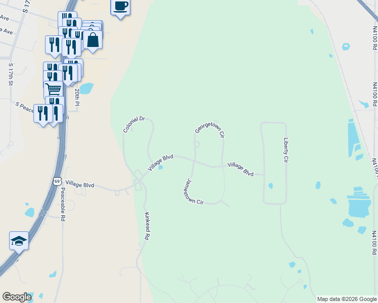 map of restaurants, bars, coffee shops, grocery stores, and more near 708 Village Boulevard in McAlester