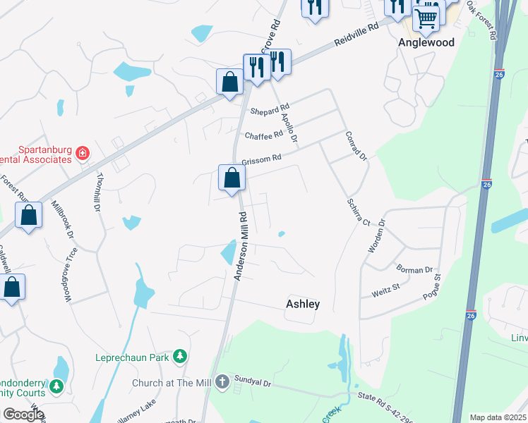 map of restaurants, bars, coffee shops, grocery stores, and more near 815 Exley Lane in Spartanburg