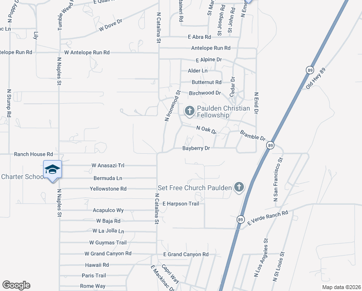 map of restaurants, bars, coffee shops, grocery stores, and more near 25101 Lakeside Drive in Paulden