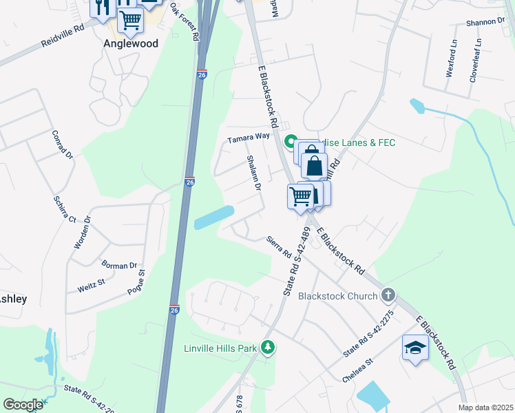 map of restaurants, bars, coffee shops, grocery stores, and more near 4009 Shalann Drive in Spartanburg