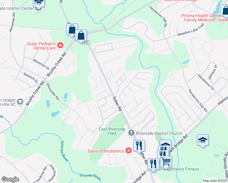 map of restaurants, bars, coffee shops, grocery stores, and more near 3 Swade Way in Greer