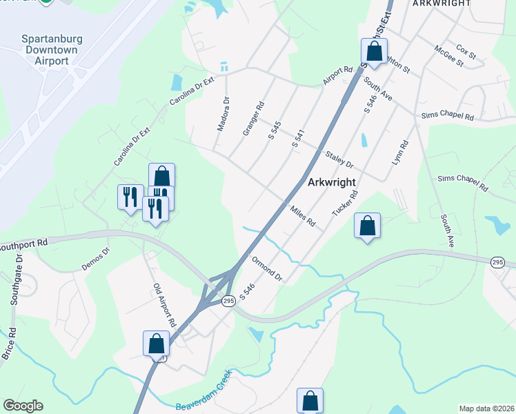 map of restaurants, bars, coffee shops, grocery stores, and more near 101 Miles Drive in Spartanburg