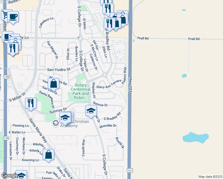 map of restaurants, bars, coffee shops, grocery stores, and more near 1007 Frederick Street in Santa Maria