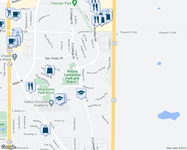 map of restaurants, bars, coffee shops, grocery stores, and more near 2703 Niverth Place in Santa Maria