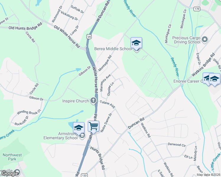 map of restaurants, bars, coffee shops, grocery stores, and more near 322 Glenlea Lane in Greenville