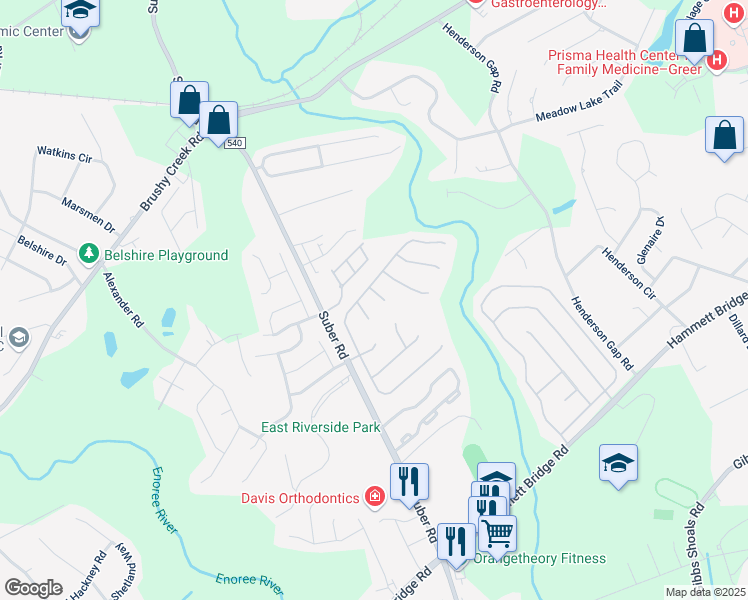 map of restaurants, bars, coffee shops, grocery stores, and more near 105 Woolridge Way in Greer