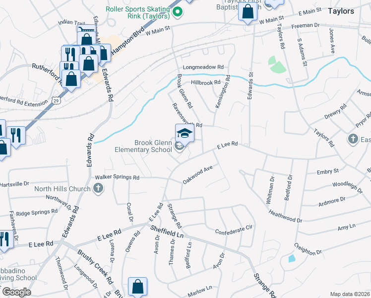 map of restaurants, bars, coffee shops, grocery stores, and more near 2003 East Lee Road in Taylors