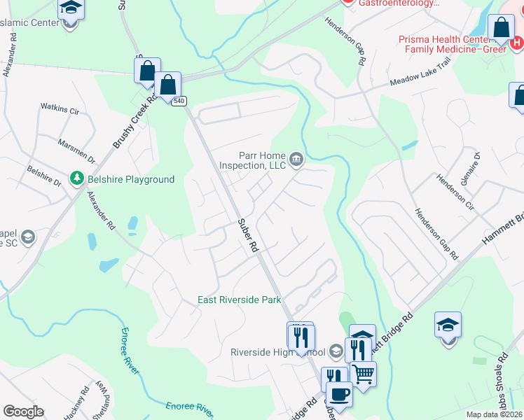 map of restaurants, bars, coffee shops, grocery stores, and more near 105 Woolridge Way in Greer