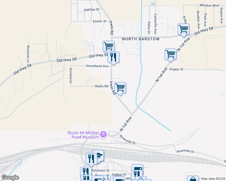 map of restaurants, bars, coffee shops, grocery stores, and more near Irwin Road in Barstow
