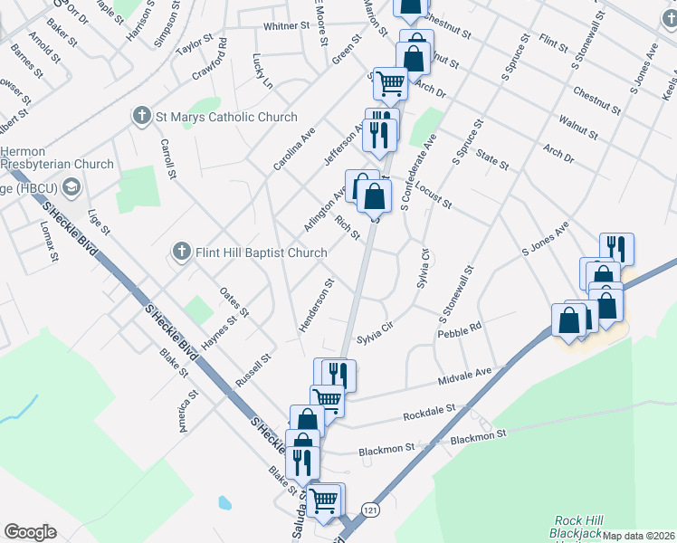 map of restaurants, bars, coffee shops, grocery stores, and more near 459 Summit Street in Rock Hill