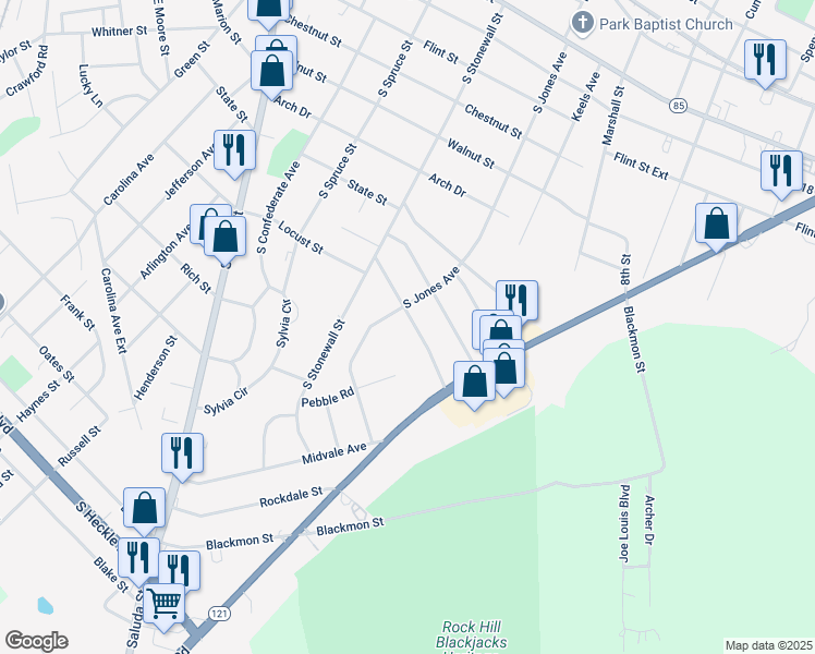 map of restaurants, bars, coffee shops, grocery stores, and more near 718 Briarcliff Road in Rock Hill