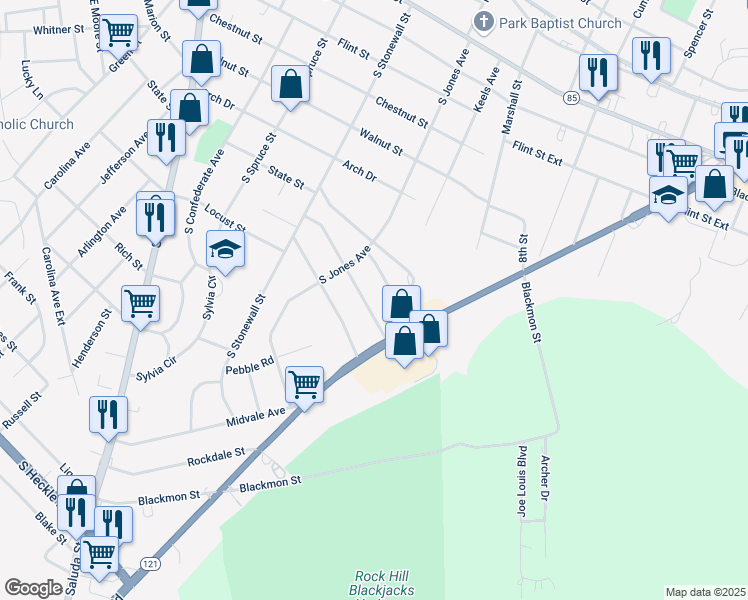 map of restaurants, bars, coffee shops, grocery stores, and more near 727 Rockwood Drive in Rock Hill