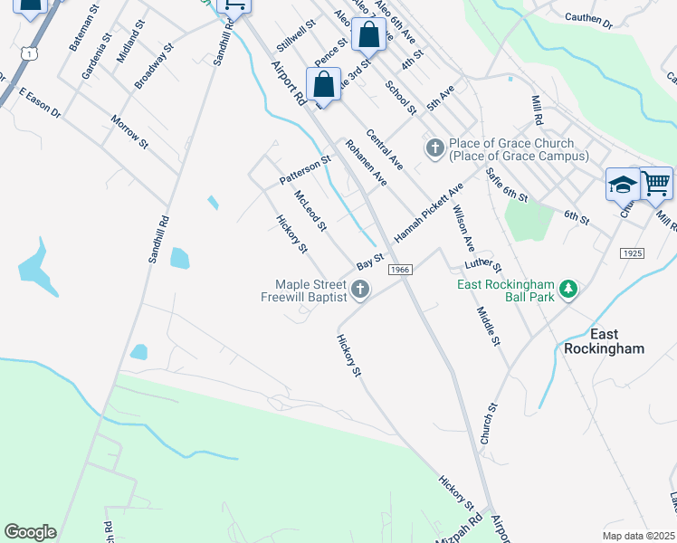 map of restaurants, bars, coffee shops, grocery stores, and more near 114 Bay Street in Rockingham