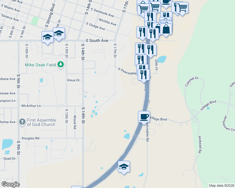 map of restaurants, bars, coffee shops, grocery stores, and more near 1404 Country Club Road in McAlester