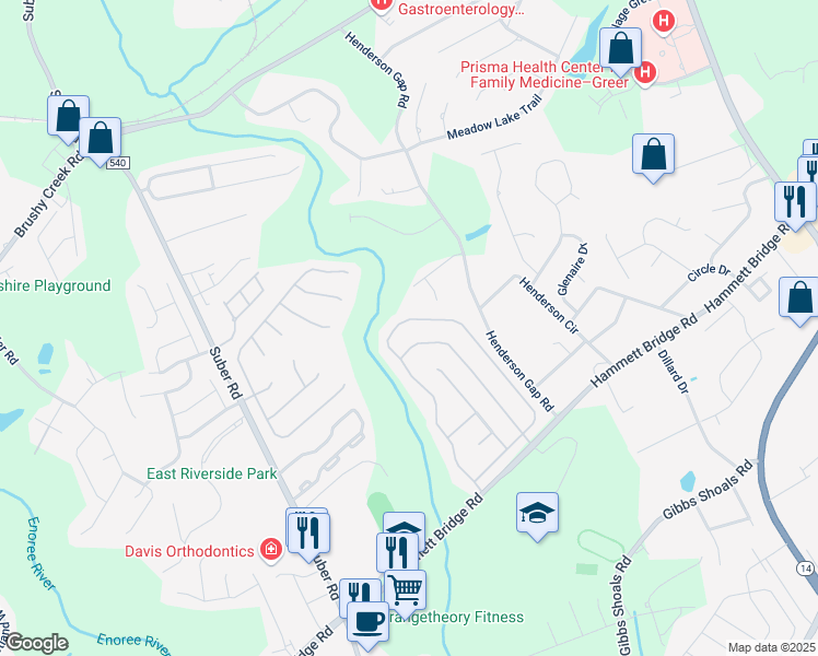 map of restaurants, bars, coffee shops, grocery stores, and more near 312 Riverside Chase Circle in Greer