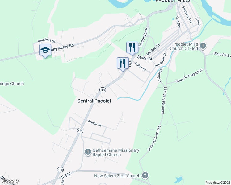 map of restaurants, bars, coffee shops, grocery stores, and more near 131 Sycamore Street in Pacolet