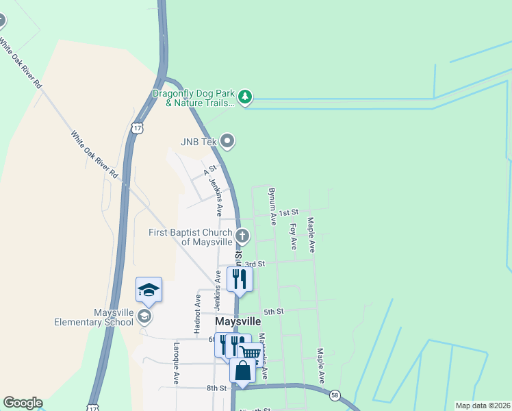 map of restaurants, bars, coffee shops, grocery stores, and more near 97 Mattocks Avenue in Maysville