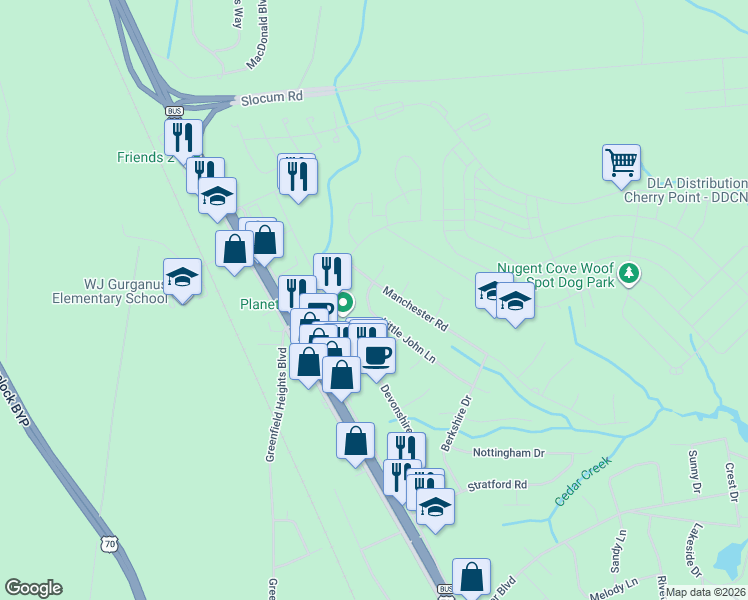 map of restaurants, bars, coffee shops, grocery stores, and more near 334 Little John Ln in Havelock
