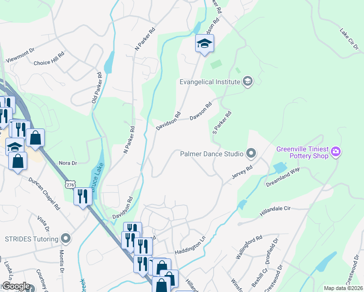 map of restaurants, bars, coffee shops, grocery stores, and more near 20 State Road S-23-608 in Greenville