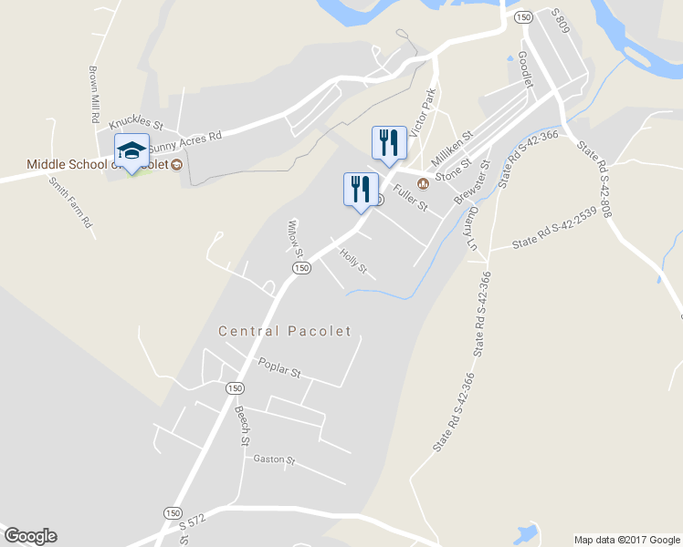 map of restaurants, bars, coffee shops, grocery stores, and more near 131 Sycamore Street in Pacolet