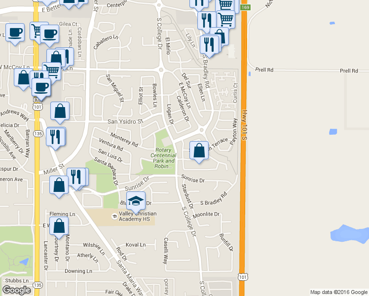 map of restaurants, bars, coffee shops, grocery stores, and more near 2664 Stephen Place in Santa Maria