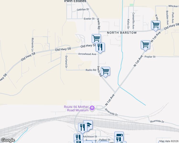 map of restaurants, bars, coffee shops, grocery stores, and more near 29187 Radio Road in Barstow