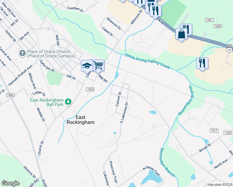 map of restaurants, bars, coffee shops, grocery stores, and more near 107 Martin Street in Rockingham