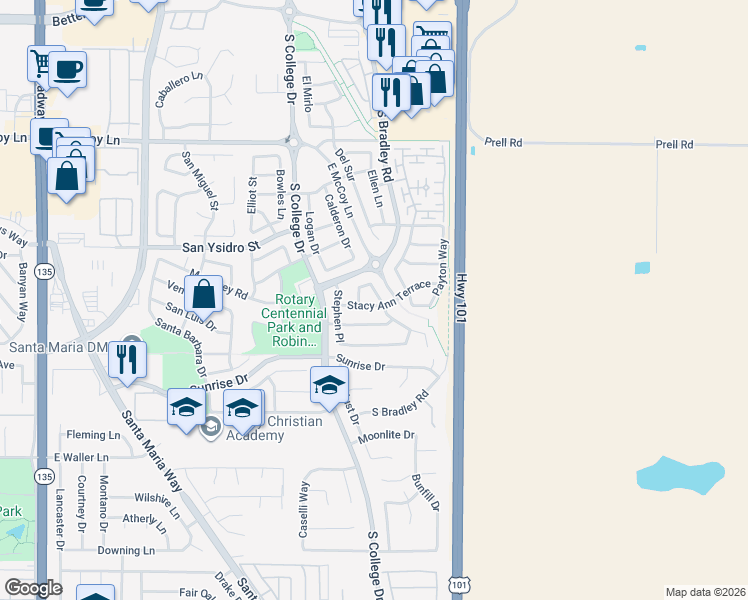 map of restaurants, bars, coffee shops, grocery stores, and more near 919 Stacy Ann Terrace in Santa Maria