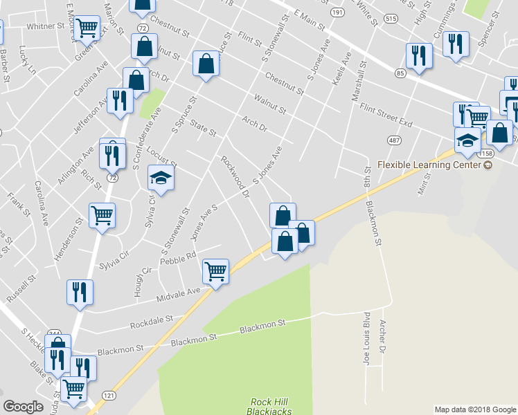 map of restaurants, bars, coffee shops, grocery stores, and more near 727 Rockwood Drive in Rock Hill