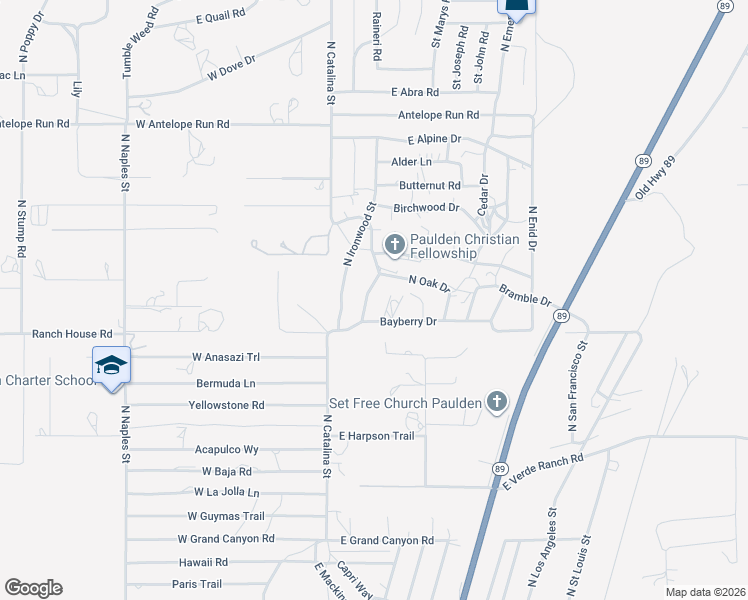 map of restaurants, bars, coffee shops, grocery stores, and more near 25101 N Lakeside Dr in Paulden