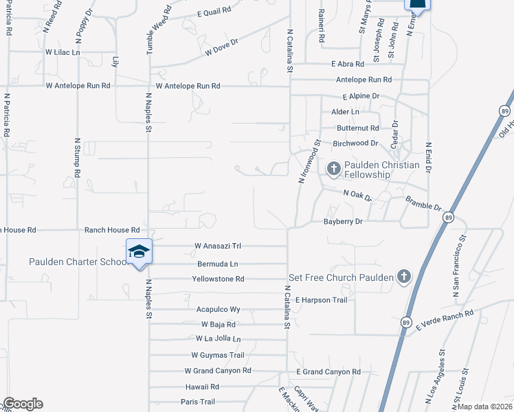 map of restaurants, bars, coffee shops, grocery stores, and more near 25100 North Midget Lane in Paulden