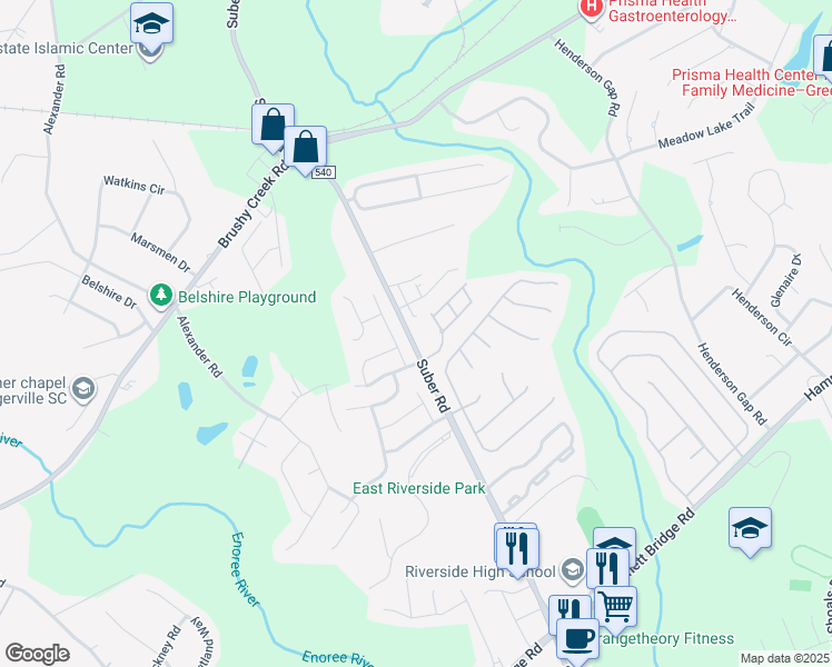 map of restaurants, bars, coffee shops, grocery stores, and more near 954 South Suber Road in Greer
