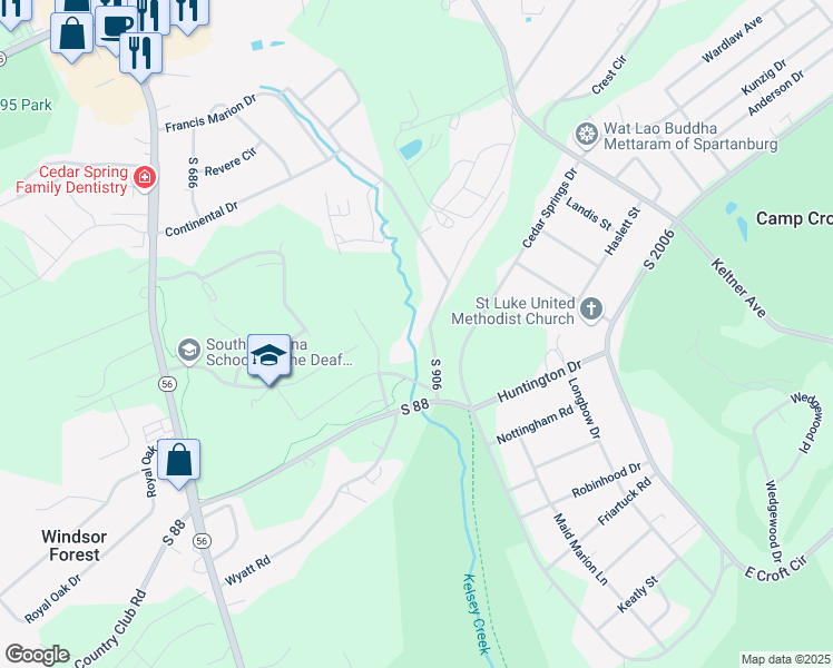 map of restaurants, bars, coffee shops, grocery stores, and more near 3000 Kelsey Creek Road in Spartanburg