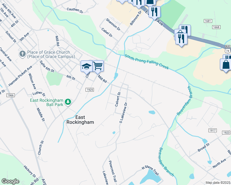 map of restaurants, bars, coffee shops, grocery stores, and more near 107 Martin Street in Rockingham