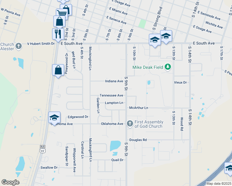 map of restaurants, bars, coffee shops, grocery stores, and more near 717 Tennessee Avenue in McAlester