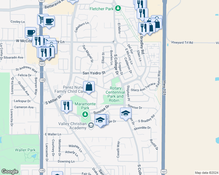 map of restaurants, bars, coffee shops, grocery stores, and more near 637 Monterey Road in Santa Maria