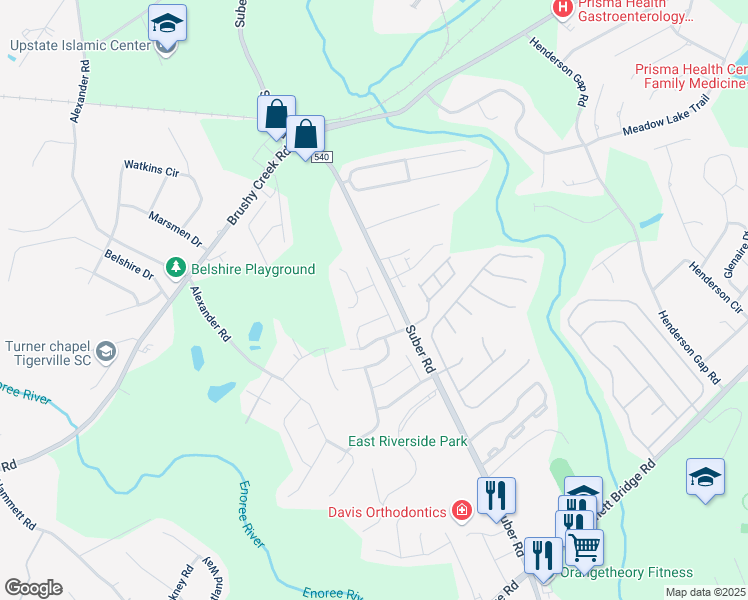 map of restaurants, bars, coffee shops, grocery stores, and more near 105 Tralee Lane in Greer
