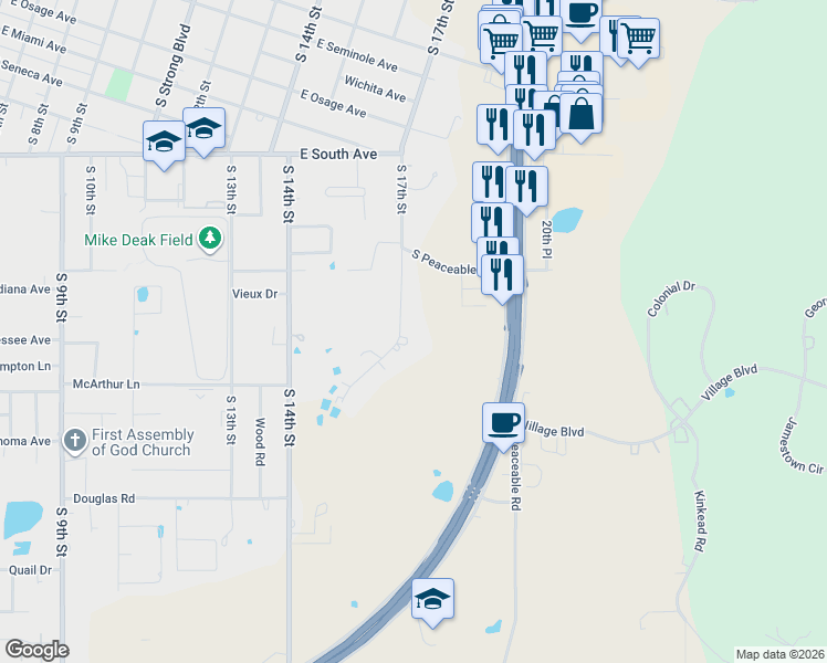 map of restaurants, bars, coffee shops, grocery stores, and more near 1404 Country Club Road in McAlester