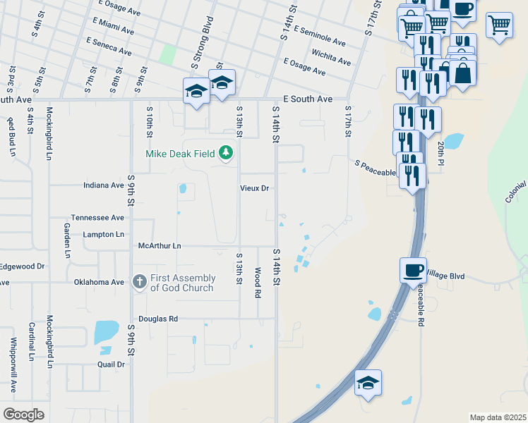 map of restaurants, bars, coffee shops, grocery stores, and more near 2 Golf View Circle in McAlester