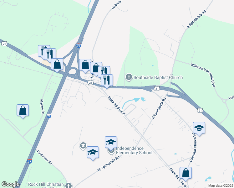 map of restaurants, bars, coffee shops, grocery stores, and more near 2159 Lesslie Highway in Rock Hill
