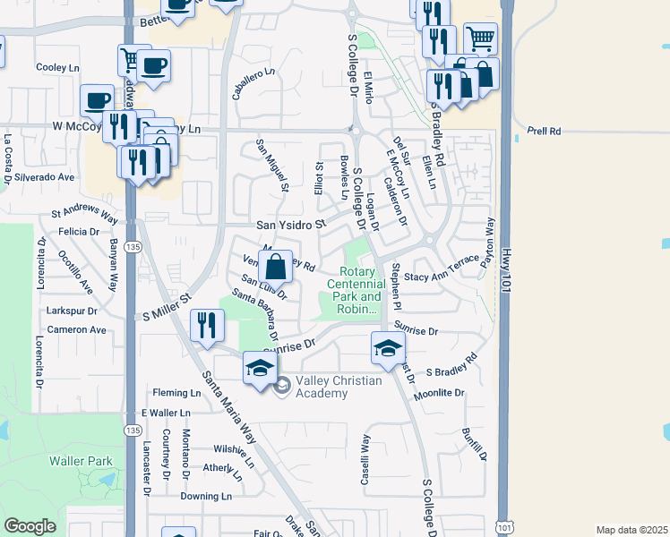map of restaurants, bars, coffee shops, grocery stores, and more near 637 Monterey Road in Santa Maria