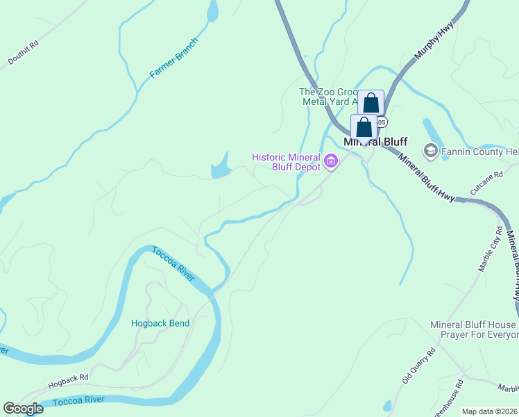 map of restaurants, bars, coffee shops, grocery stores, and more near 203 Mountain Rivers Road in Mineral Bluff